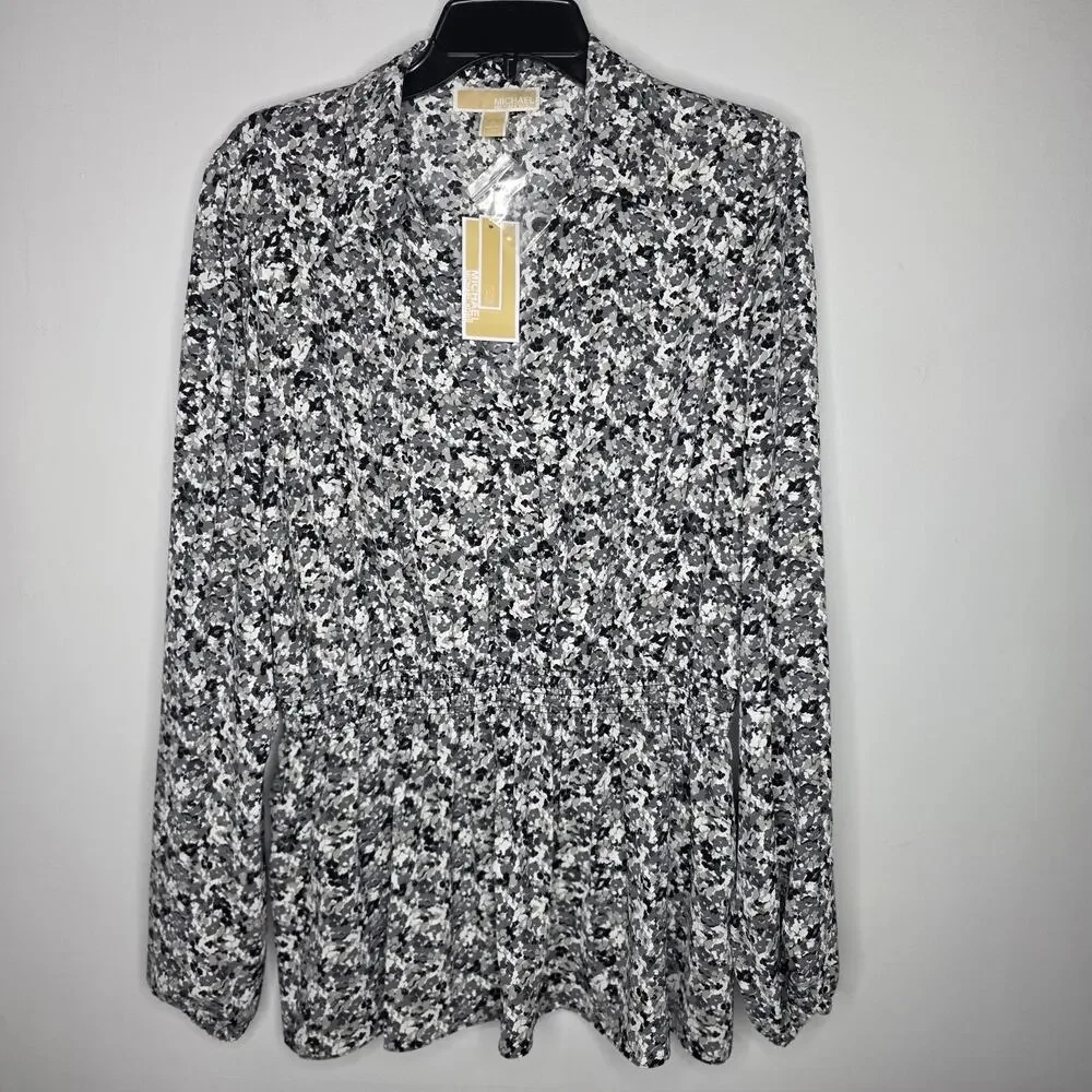 Michael Kors Womens XL Black Gray Floral V Neck Button Blouse Top Long Sleeve